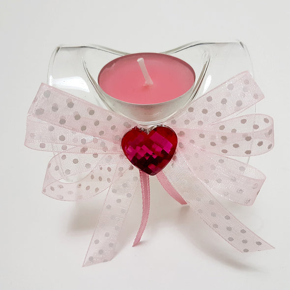 Porta candela in vetro con decorazione rosa