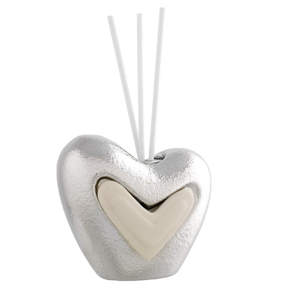Diffusore di profumo cuore argentato in porcellana con cuoricino bianco essenza e bastoncini, marca Bagutta