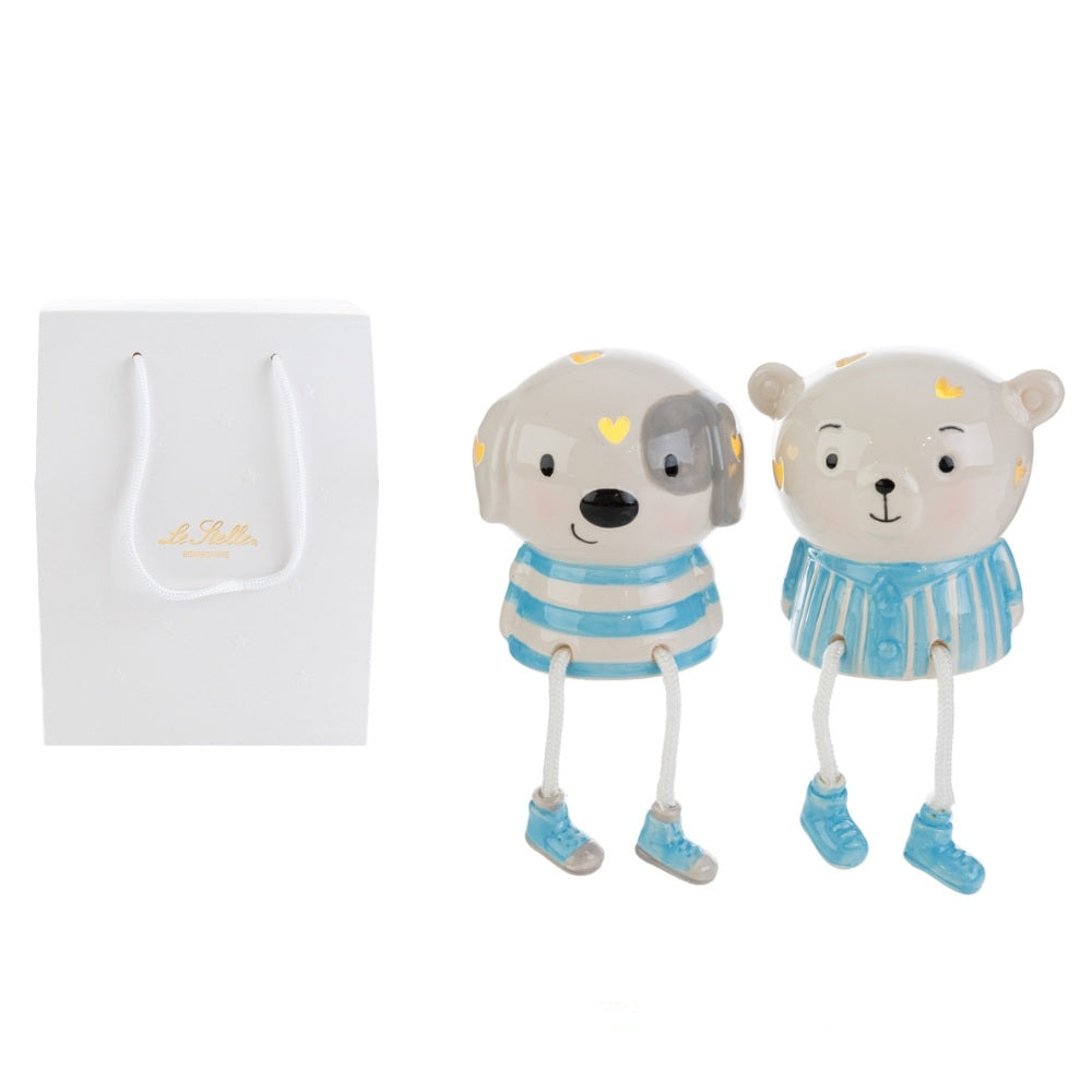 Animaletto gambe lunghe, in porcellana bianca e azzurra, con LED