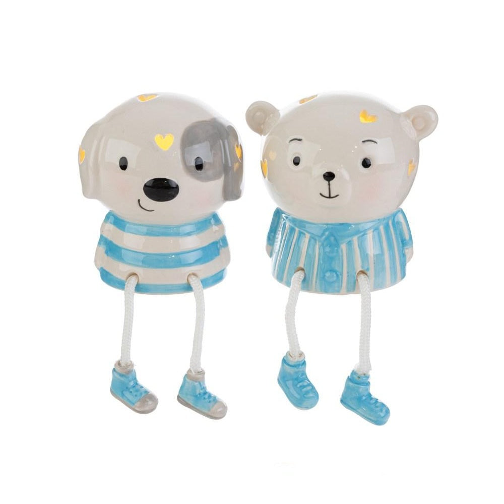 Animaletto gambe lunghe, in porcellana bianca e azzurra, con LED