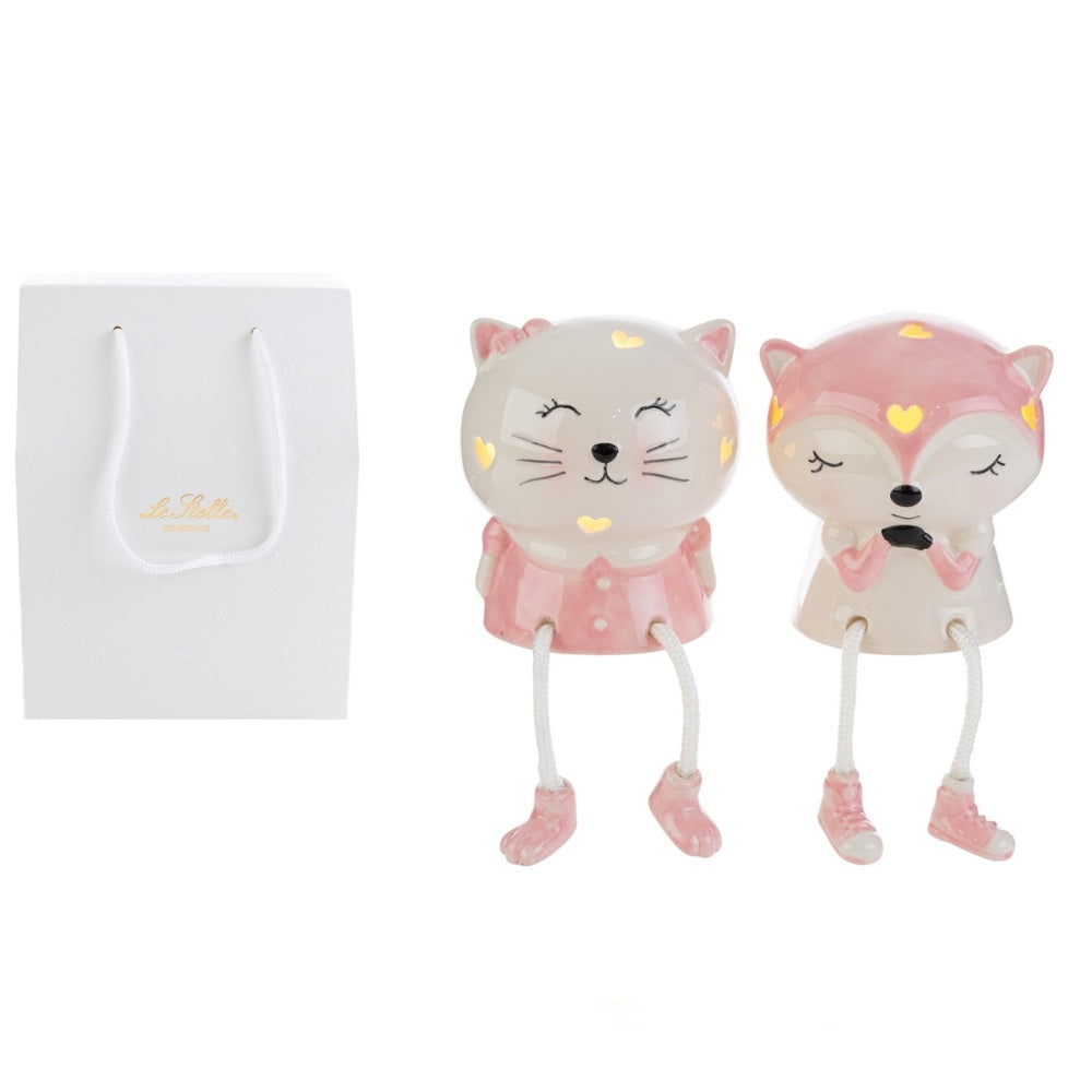 Animaletto gambe lunghe, in porcellana bianca e rosa, con LED