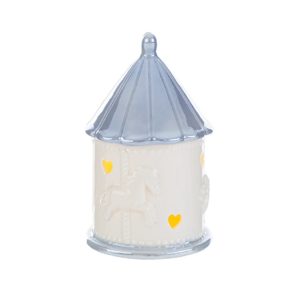 Giostrina in porcellana bianca azzurra, con LED