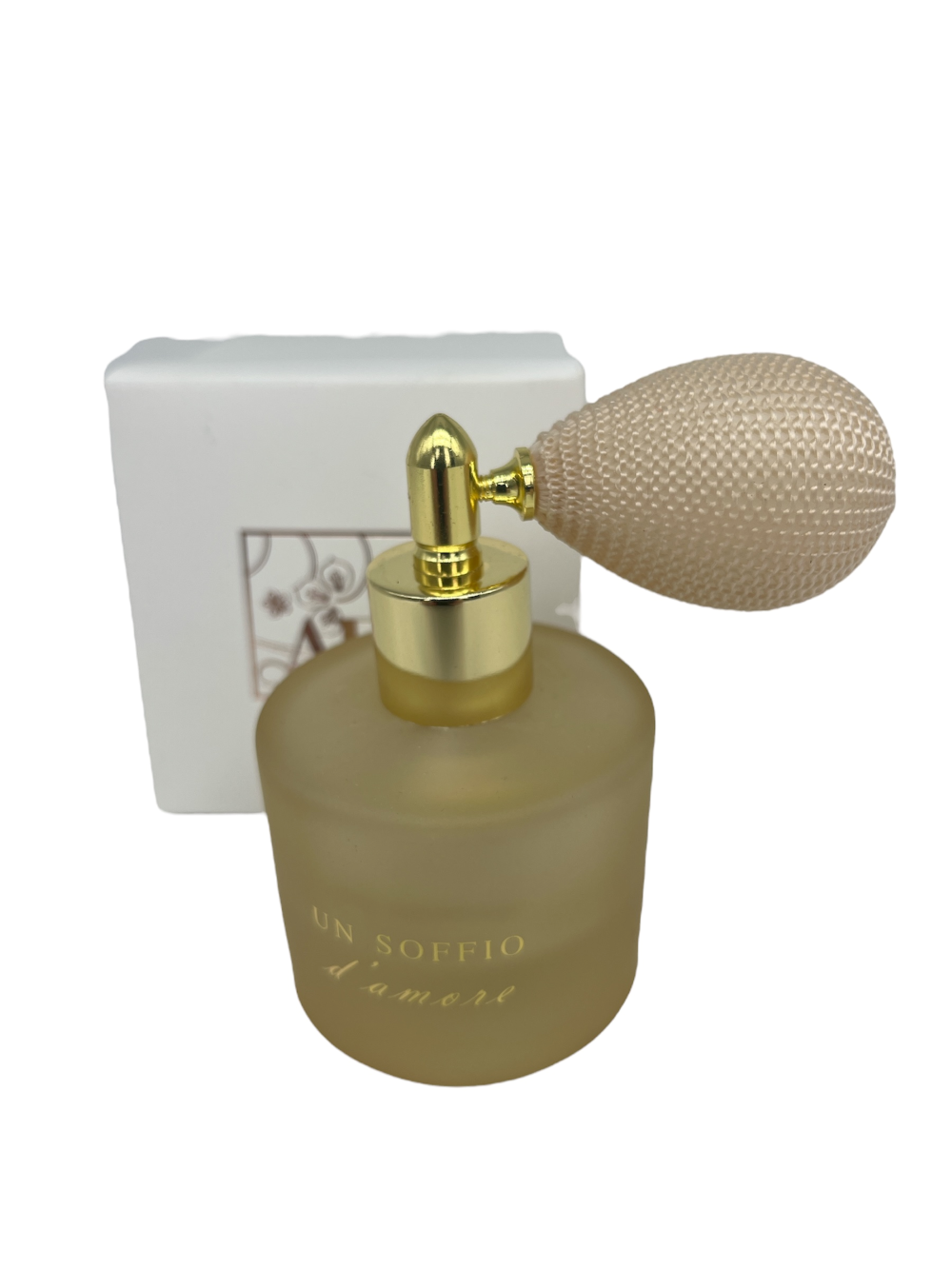 Fragranze colorate: portaprofumo ambra con spray e scritta dorata