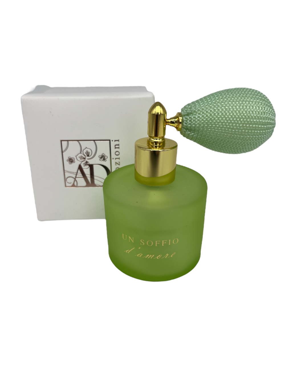 Fragranze colorate: portaprofumo verde con spray e scritta dorata