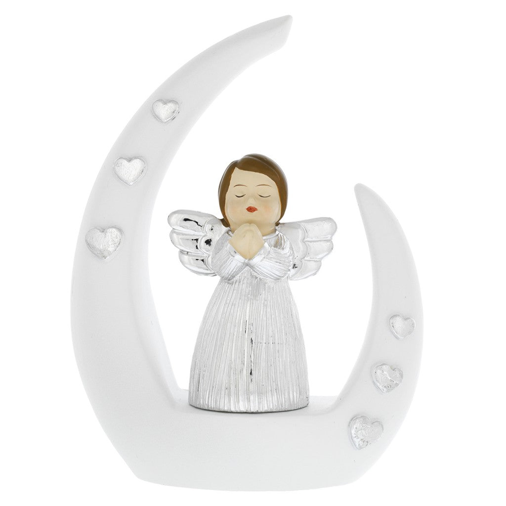 Angelo bianco con mani giunte e ali argento su base stilizzata