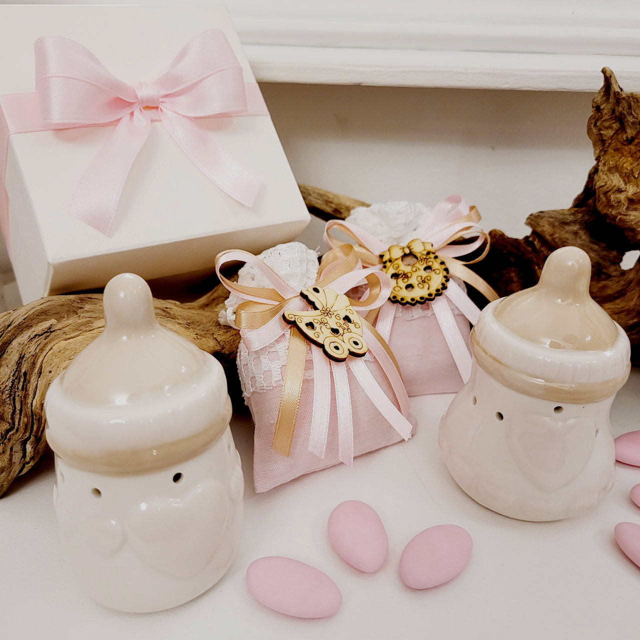 Biberon grande in porcellana rosa e bianca con led