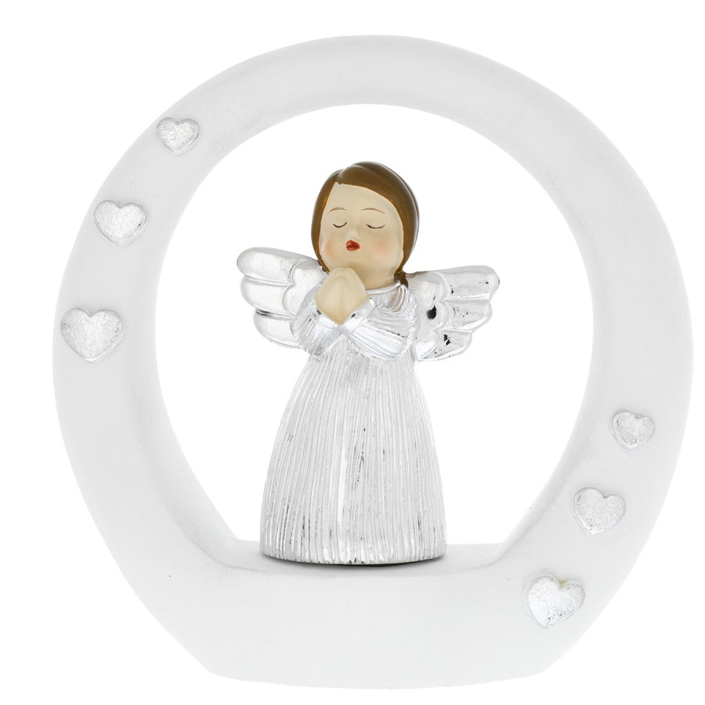 Angelo bianco con mani giunte argento su base stilizzata a forma di cerchio