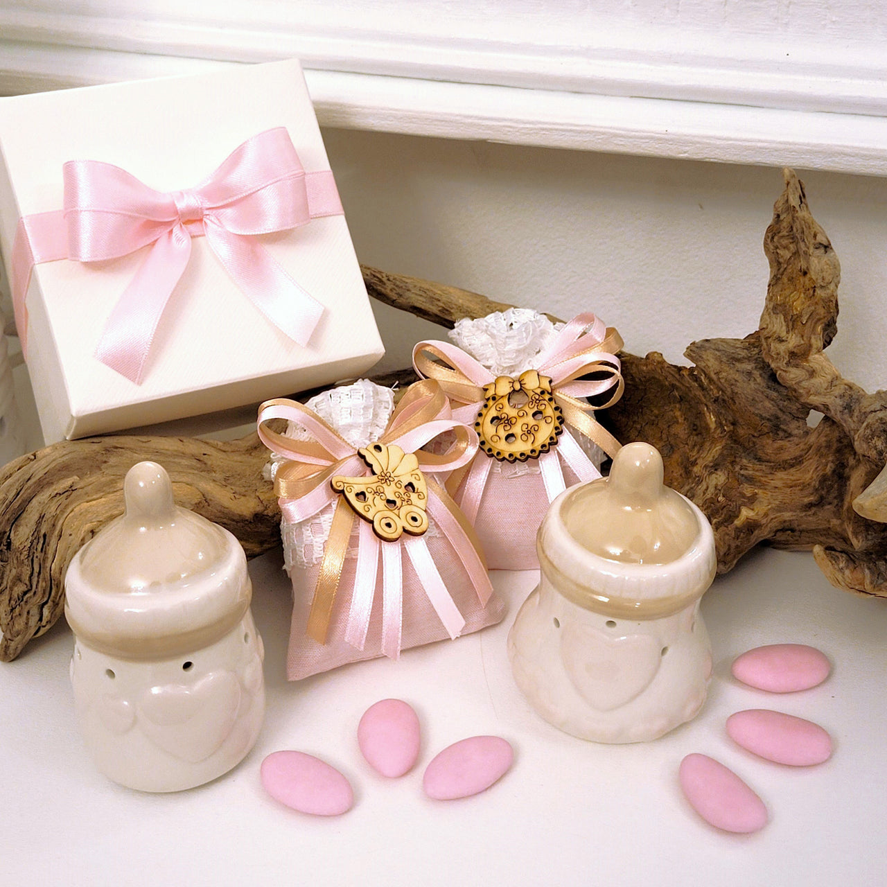 Biberon grande in porcellana rosa e bianca con led