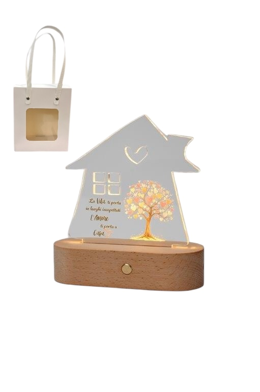 Sogni di Luce: lampada LED in legno con plexi casetta con Albero della Vita colorato
