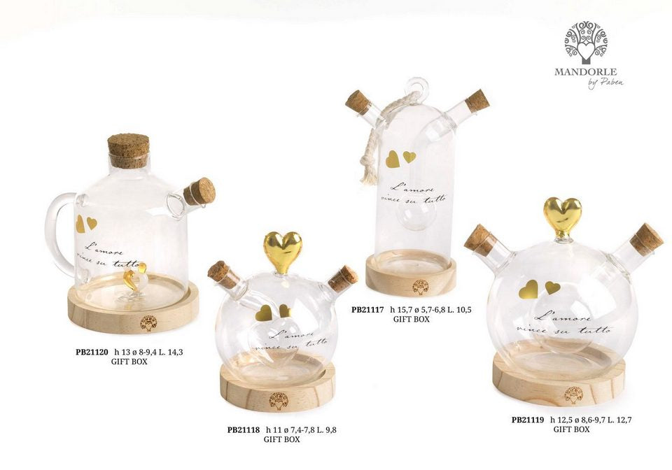 Oliera in vetro con cuori dorati e scritte, bomboniere matrimonio novità 2026