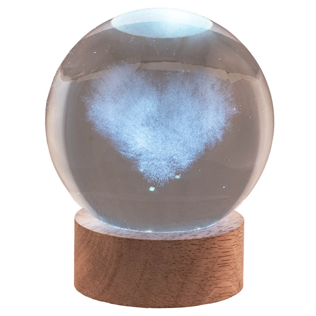 Sfera in cristallo con Cuore nuvola, base legno e LED