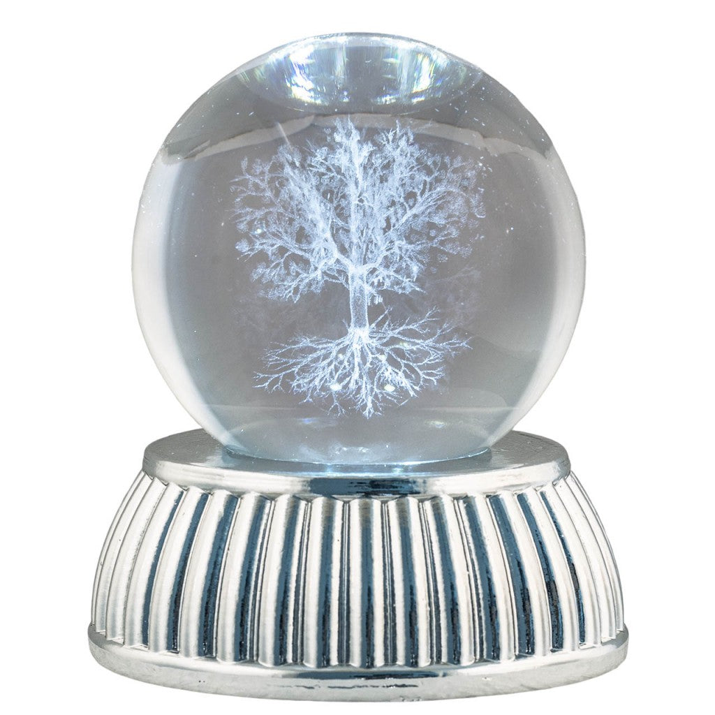 Sfera in cristallo con Albero della vita, base argento e LED