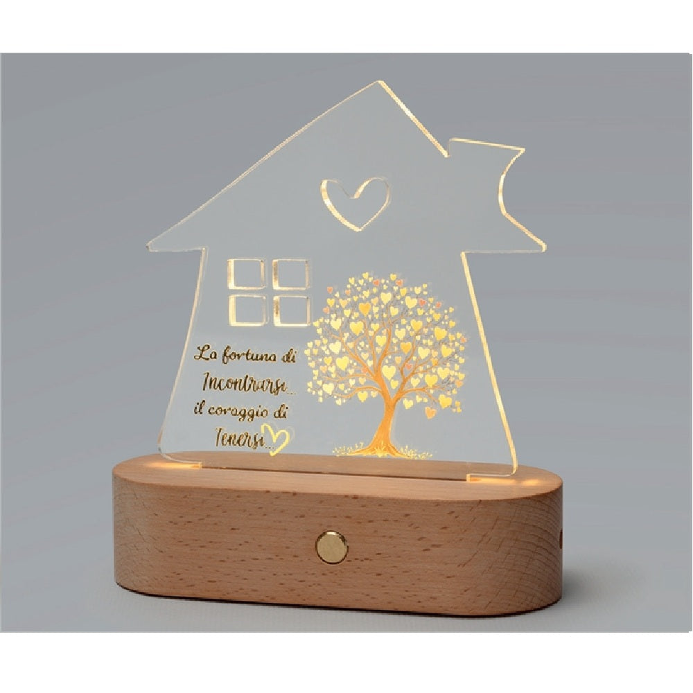 Sogni di Luce: lampada LED in legno con plexi casetta con Albero della Vita