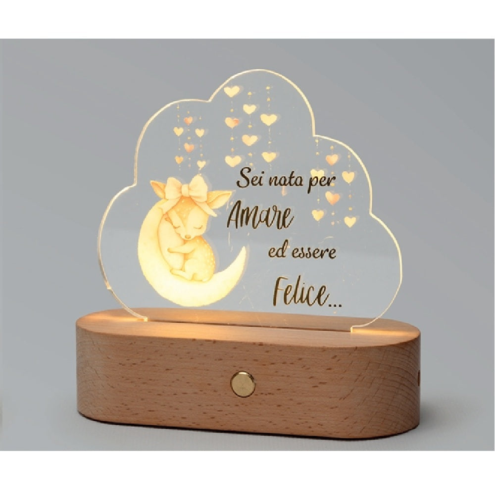 Sogni di Luce: lampada LED in legno con plexi nuvola e cerbiatto
