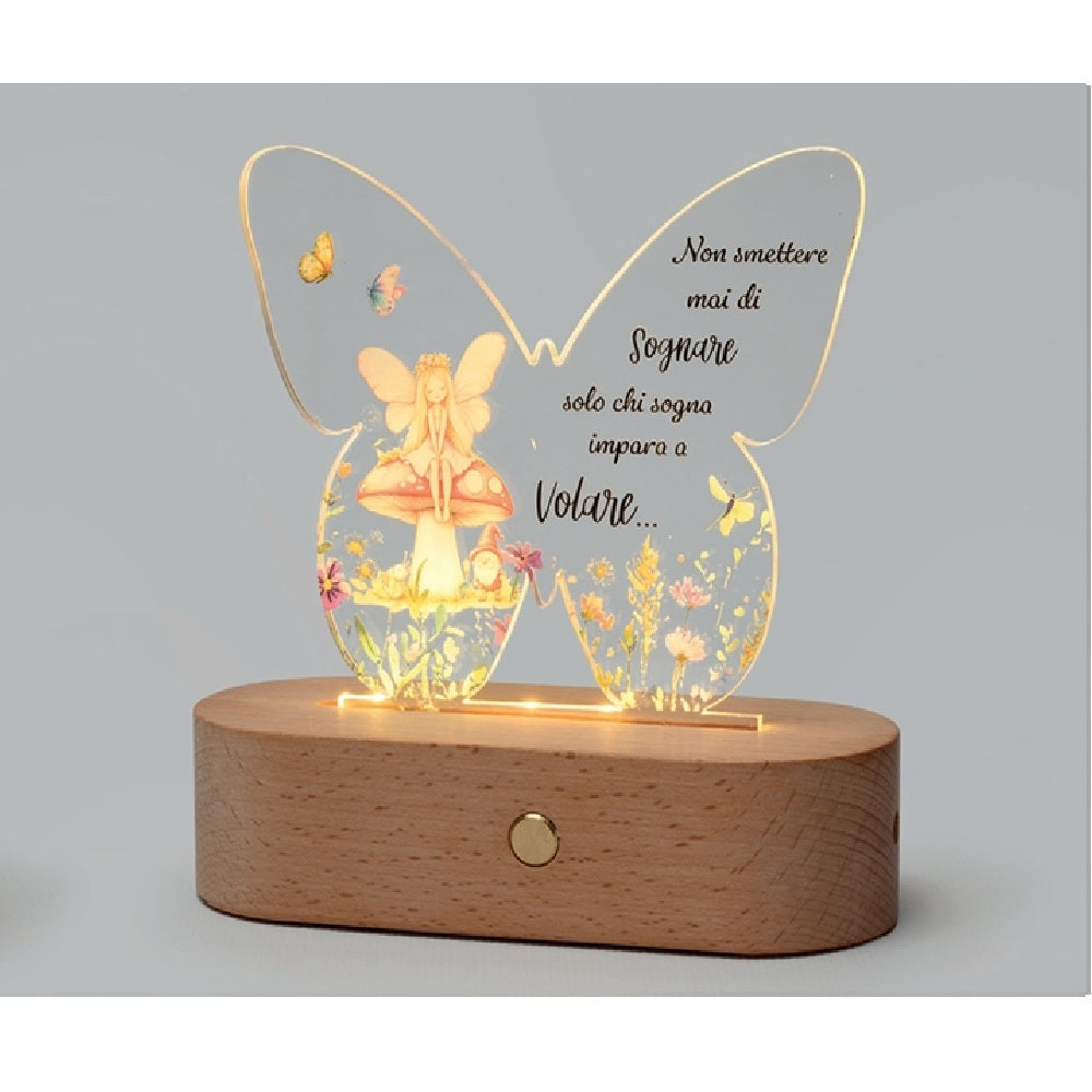 Sogni di Luce: lampada LED in legno con plexi farfalla con fatina e funghetto