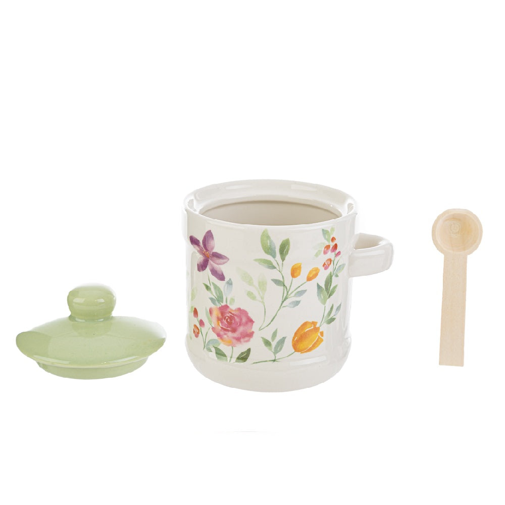 Zuccheriera in porcellana con cucchiaino e decorazione floreale