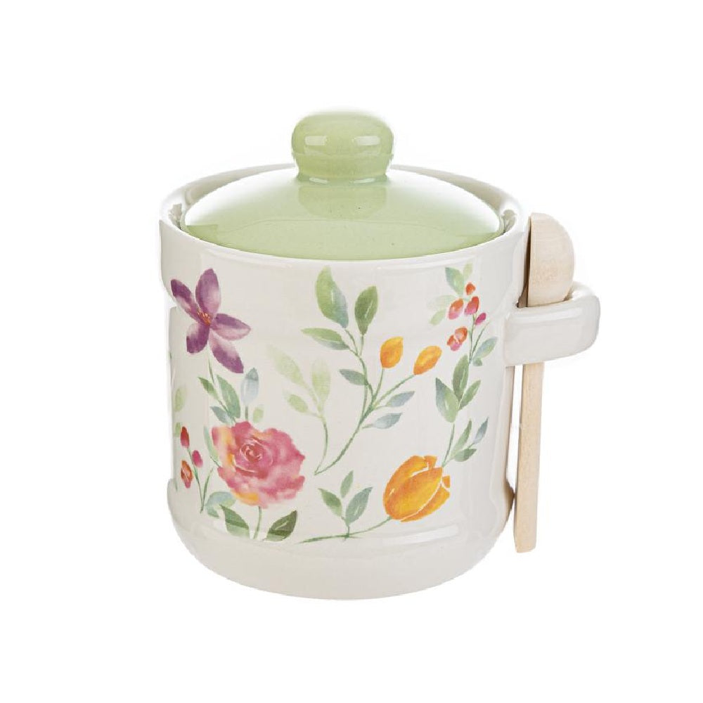 Zuccheriera in porcellana con cucchiaino e decorazione floreale