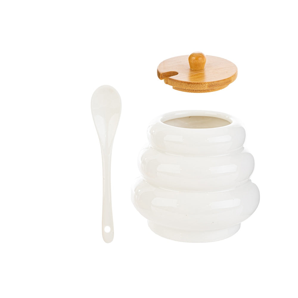 Zuccheriera in porcellana con cucchiaino e tappo in legno