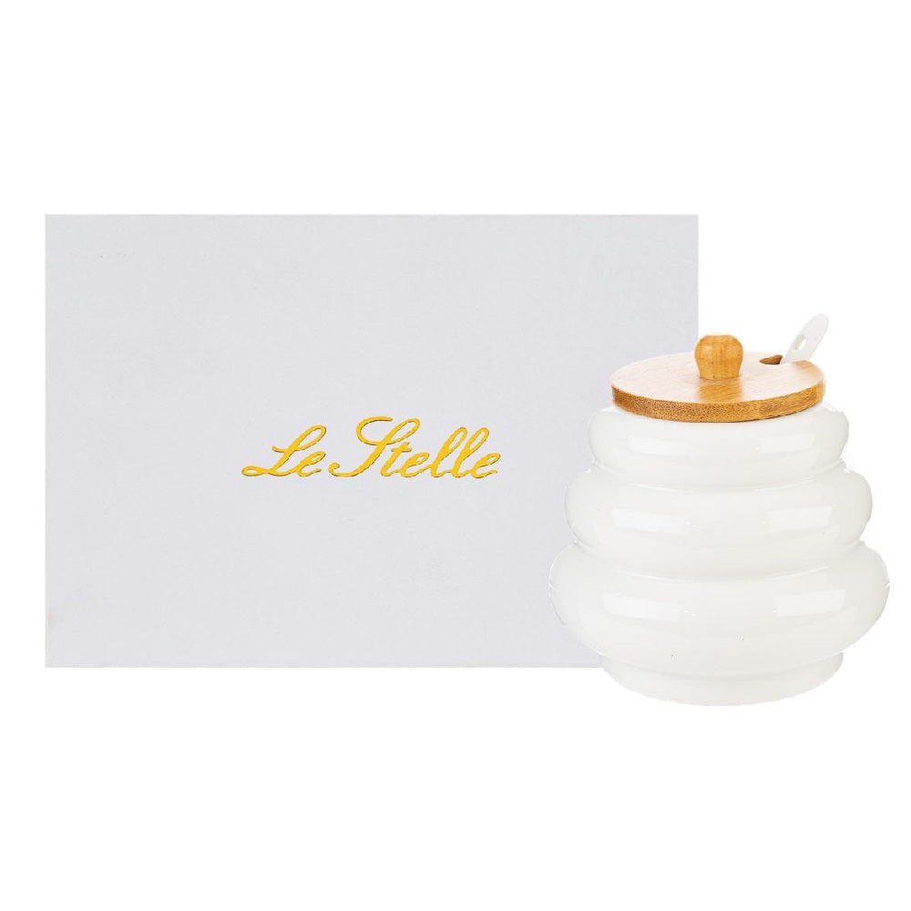 Zuccheriera in porcellana con cucchiaino e tappo in legno