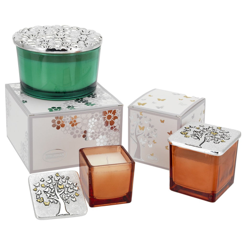 Portacandela quadrato verde con coperchio argentato e margherite