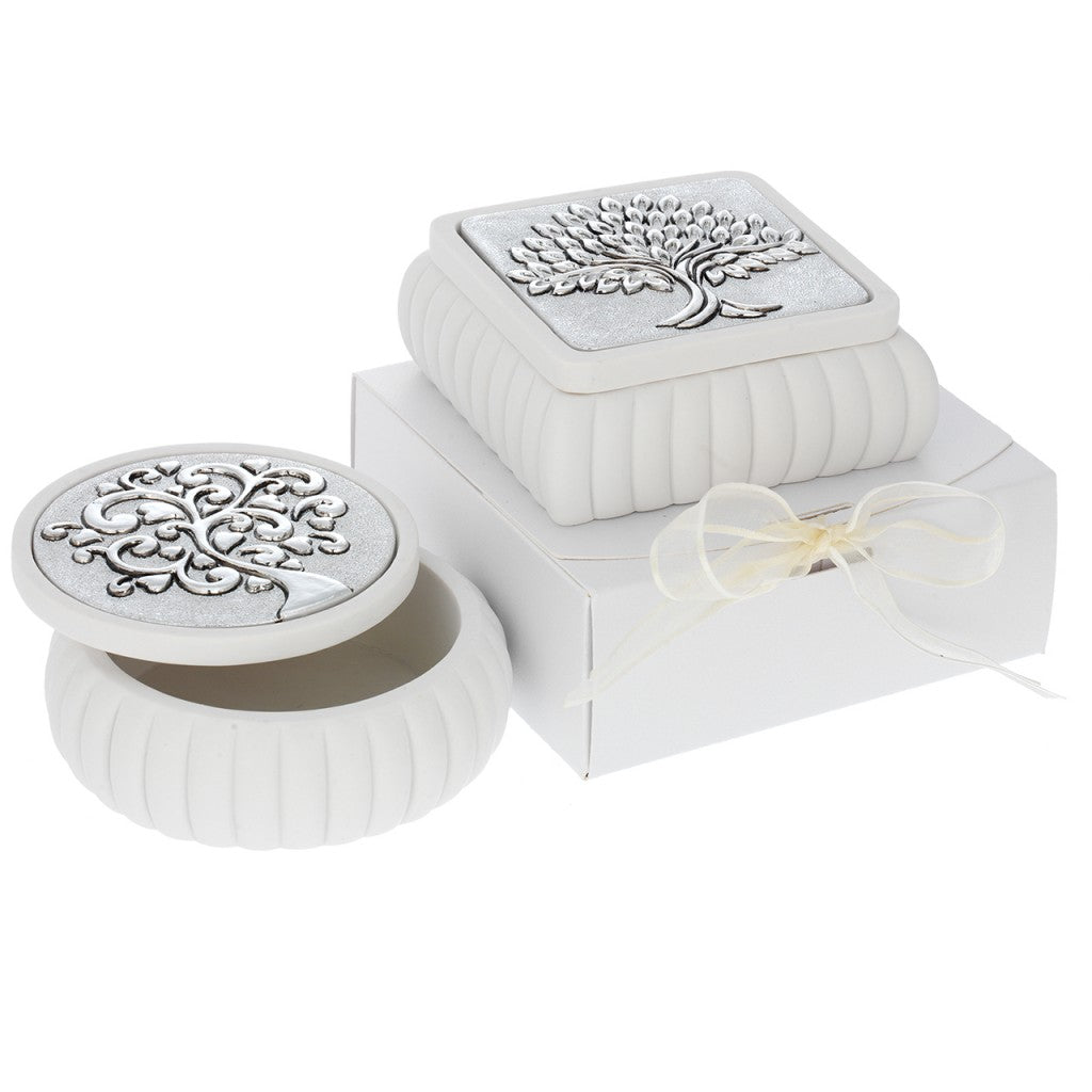 Scatolina tonda decoro argentato albero di spighe