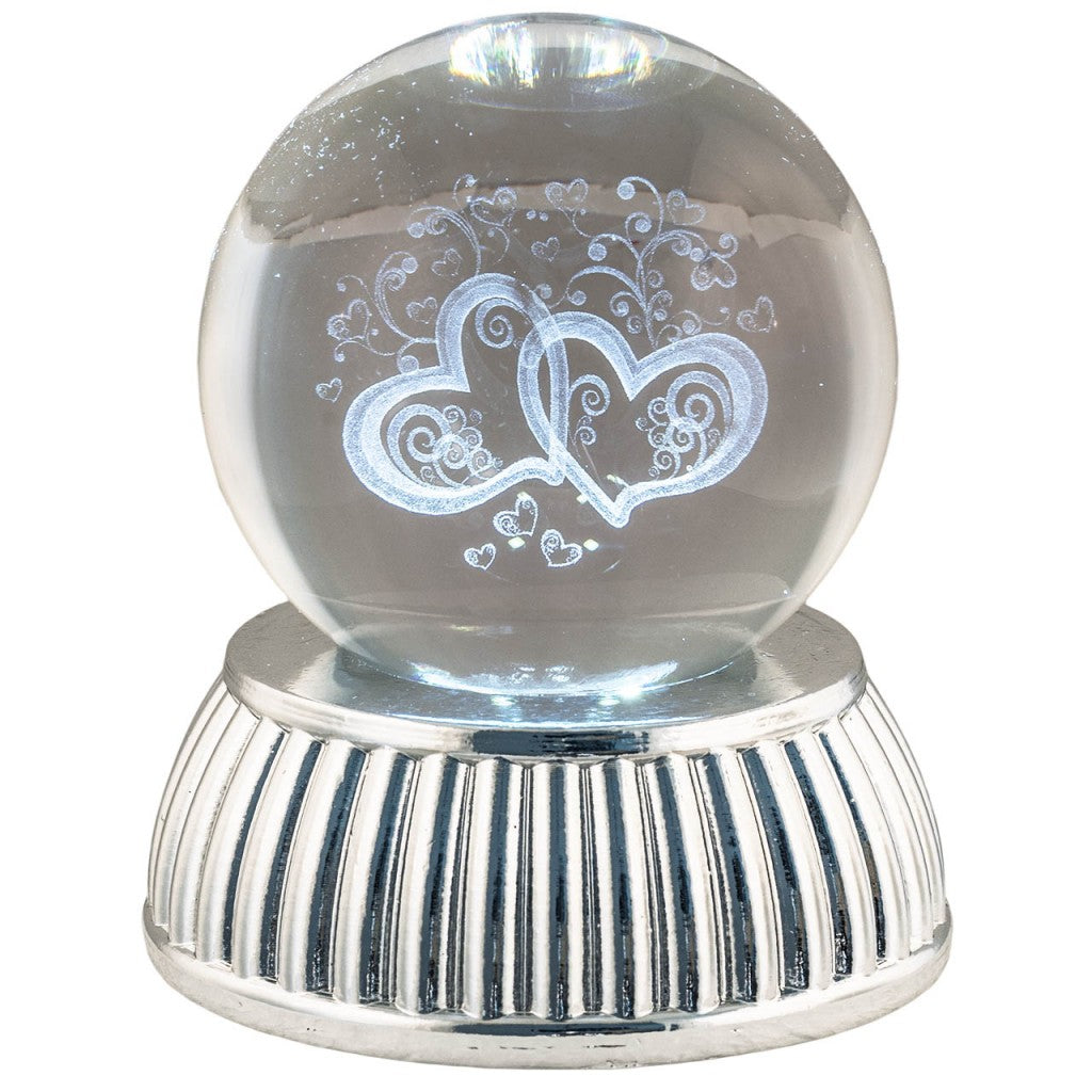 Sfera in cristallo con coppia di Cuori, base argento e LED
