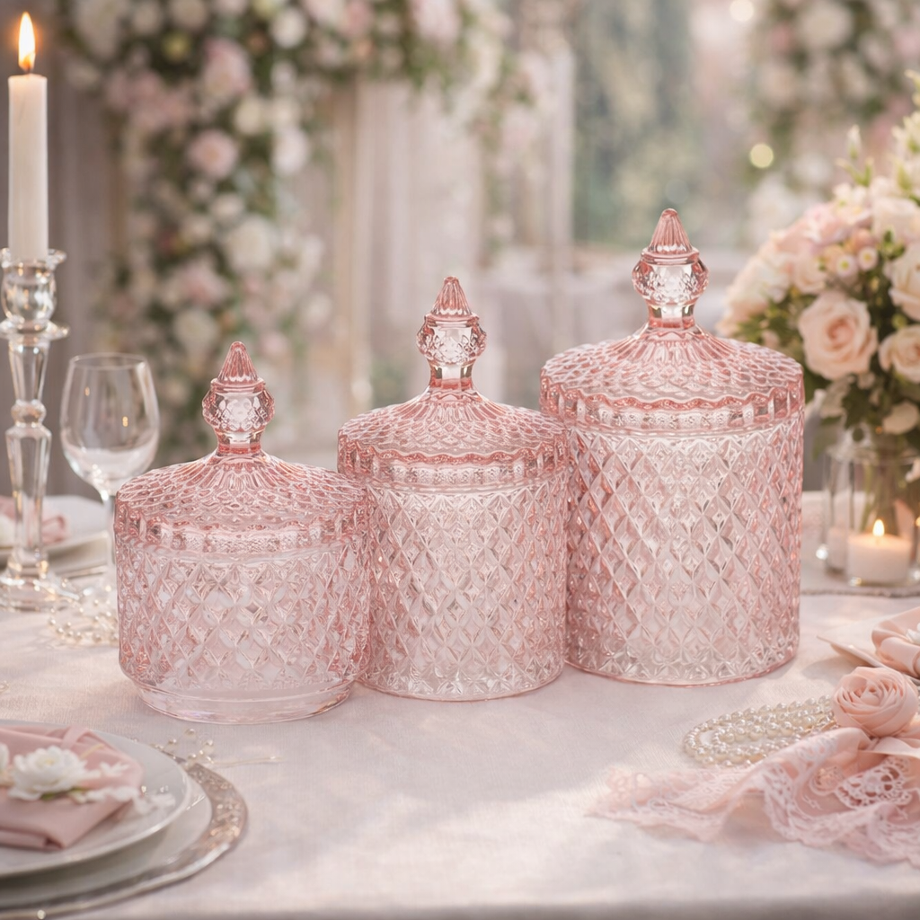 Bomboniere Doroty: cofanetti-scatole in vetro rosa, 3 misure