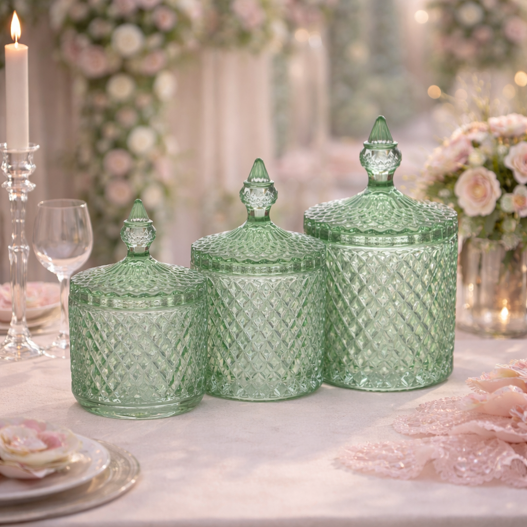 Bomboniere Doroty: cofanetti-scatole in vetro verde, 3 misure