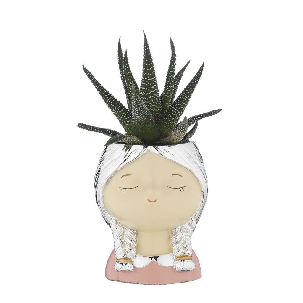 Portavaso faccina con treccine argentate e piantina grassa