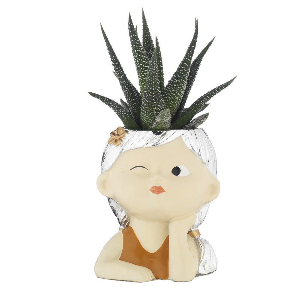 Portavaso faccina con occhiolino, capelli argentati e piantina grassa