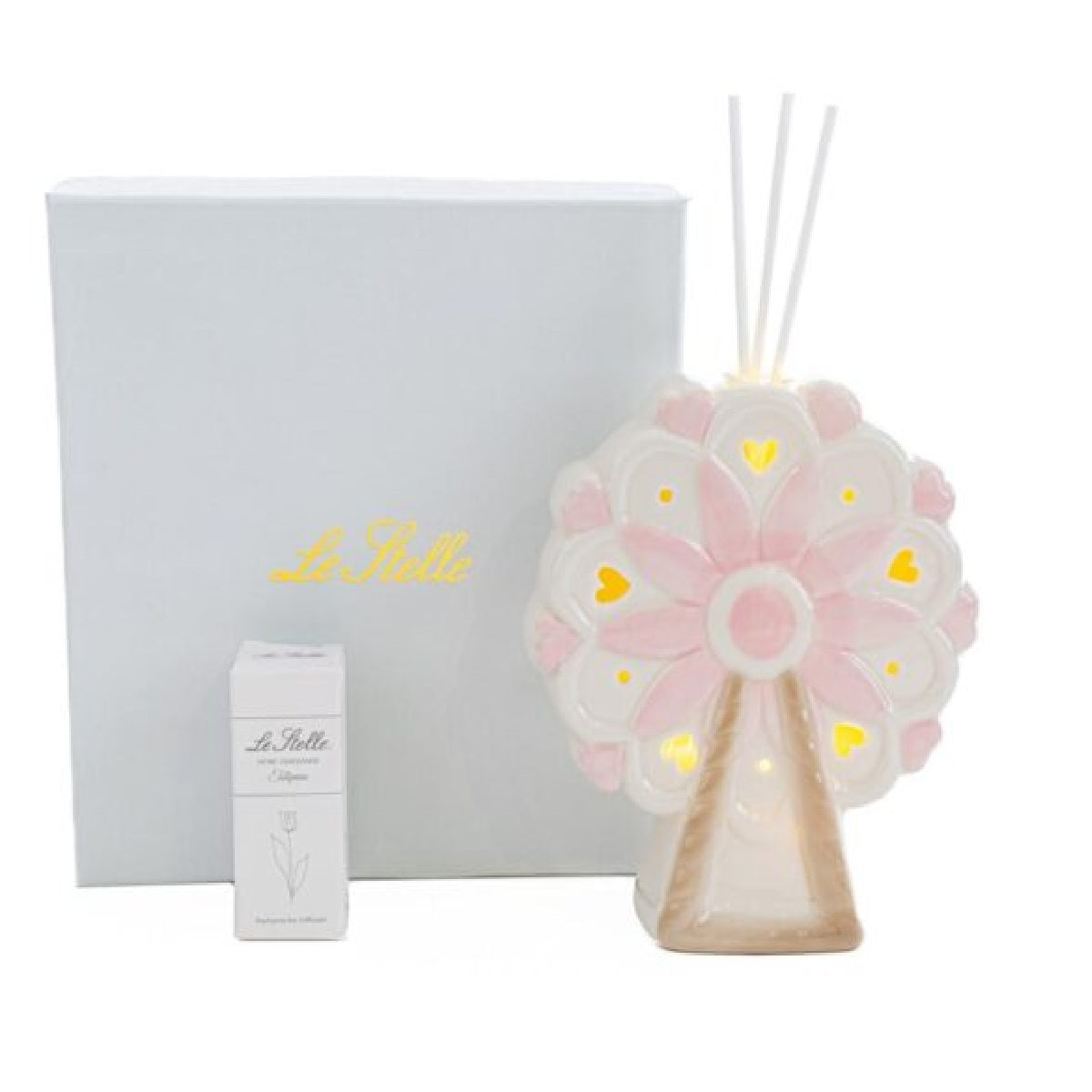 Ruota panoramica profumatore in porcellana bianca-rosa con LED