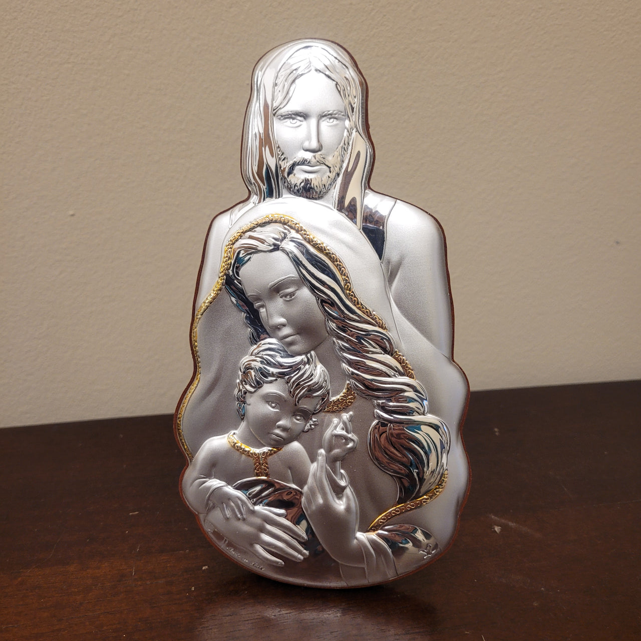 Sacra famiglia in argento e legno