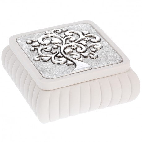 Scatolina quadrata decoro argentato albero con cuori