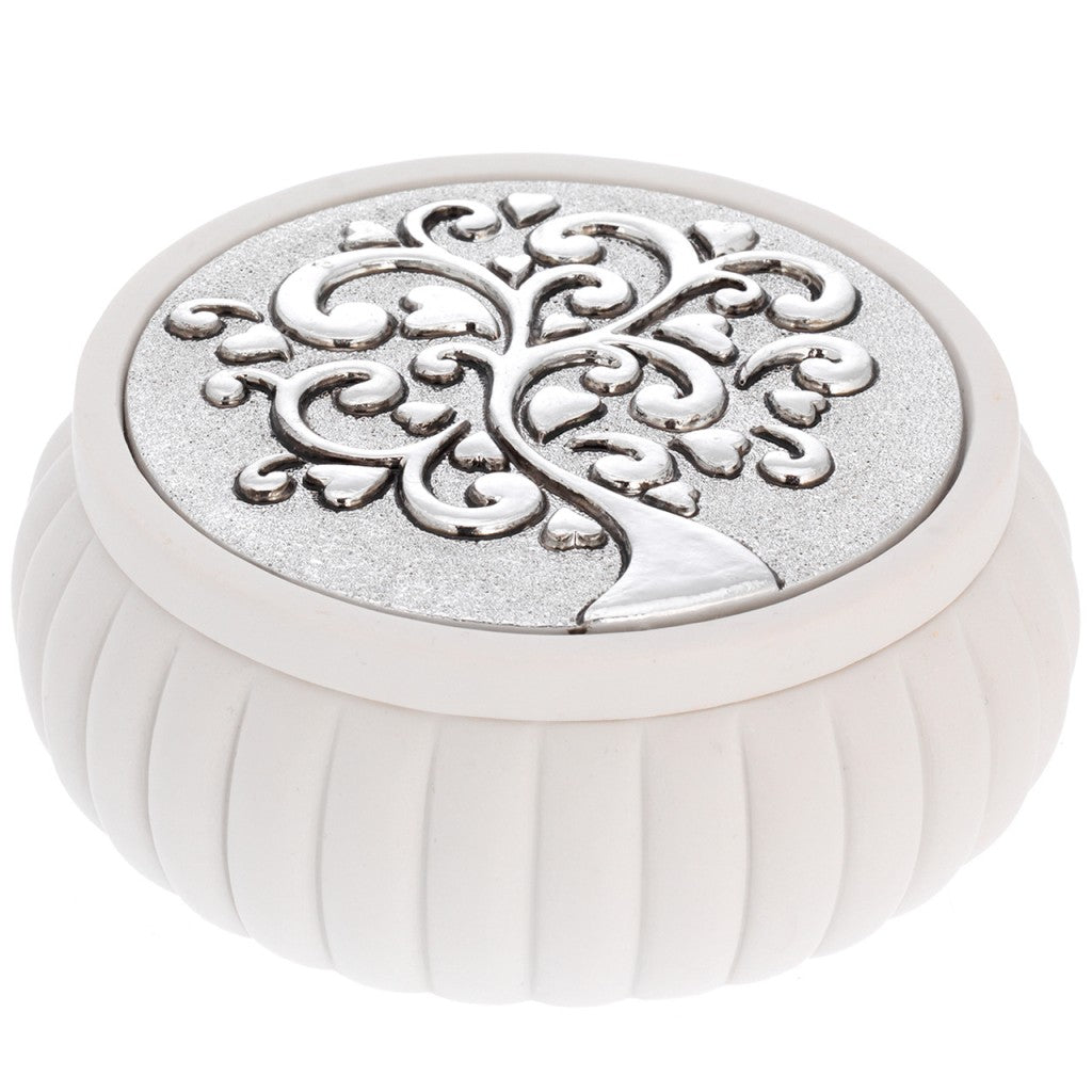 Scatolina tonda decoro argentato albero con cuori