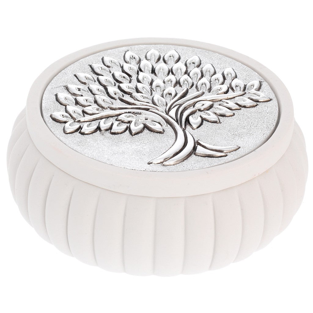 Scatolina tonda decoro argentato albero di spighe