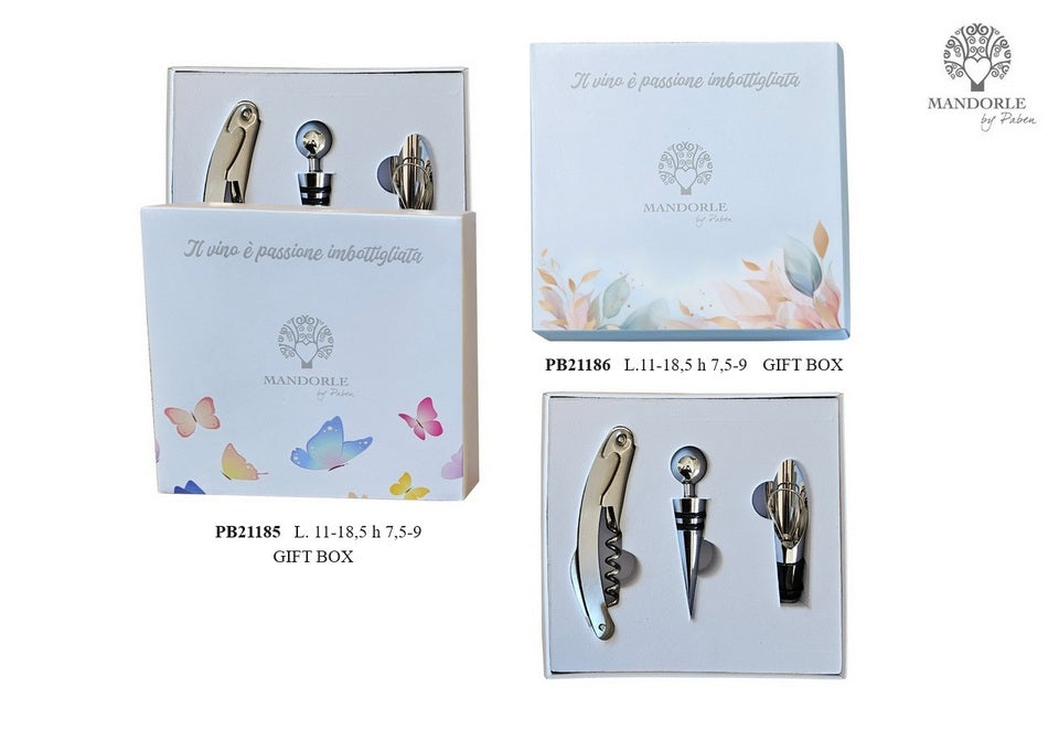 Set 3 utensili per vino, bomboniere matrimonio con due decorazioni di confezione