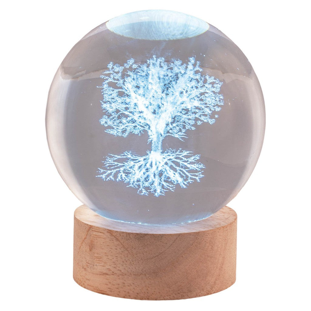 Sfera in cristallo con Albero della vita, base legno e LED