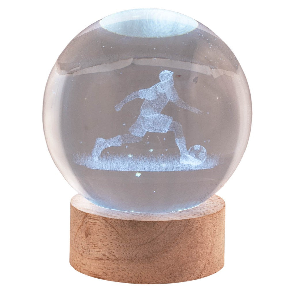 Sfera in cristallo con Calciatore, base legno e LED