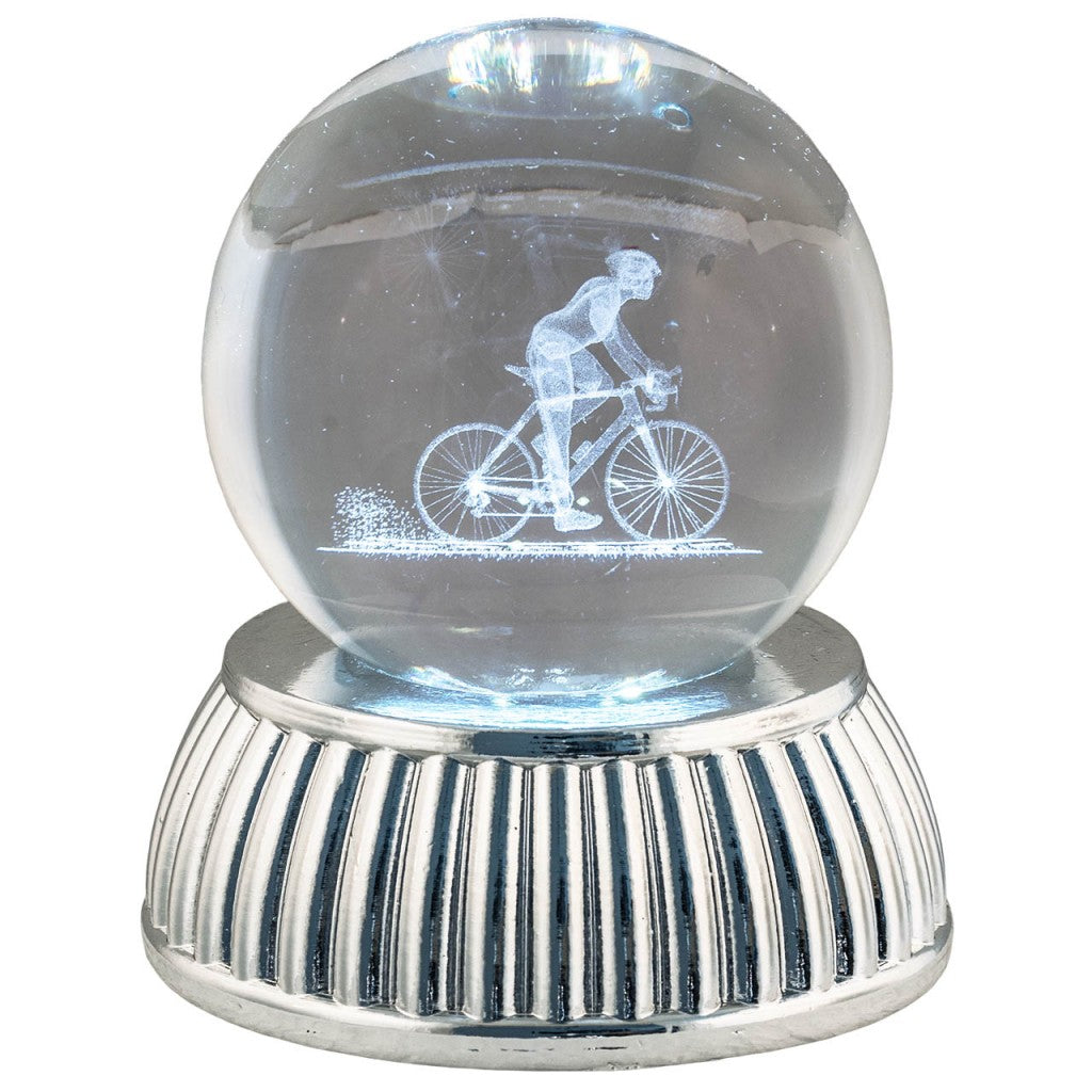 Sfera in cristallo con Ciclista, base argento e LED