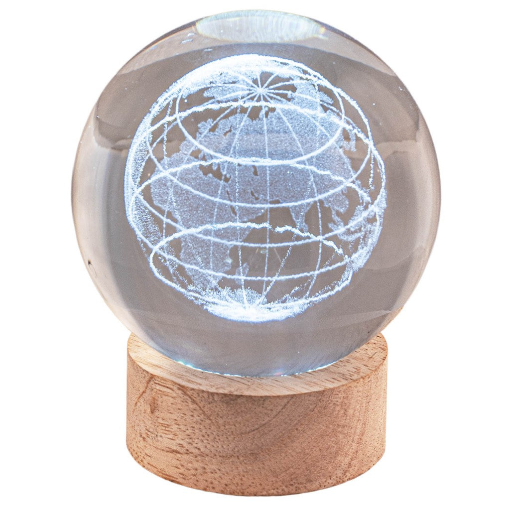 Sfera in cristallo con Globo terreste, base legno e LED