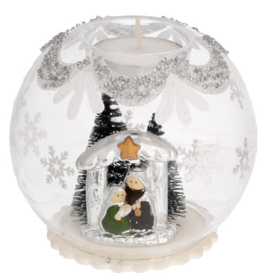 Sfera in vetro con candelina tealight e presepe, decoro colore argento, 6 modelli