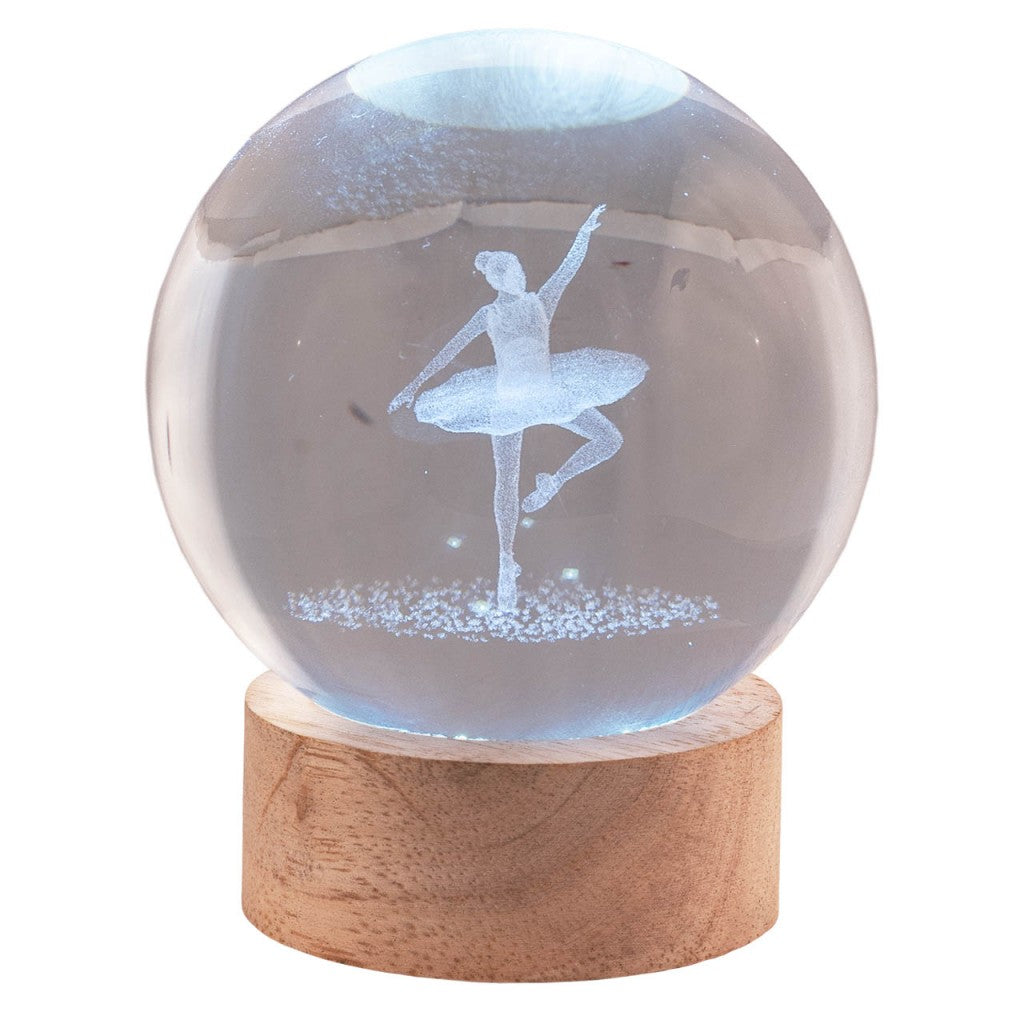 Sfera in cristallo con Ballerina, base legno e LED