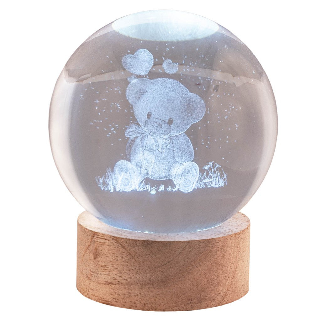 Sfera in cristallo con Orsetto, base legno e LED