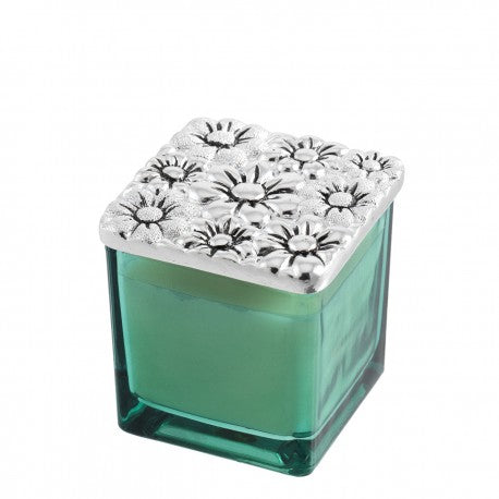 Portacandela quadrato verde con coperchio argentato e margherite