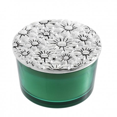 Portacandela tondo verde con coperchio argentato e margherite