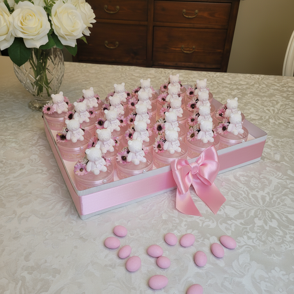 Scatoline plex con orsetto rosa in gesso ceramico, espositore da 25 pz.