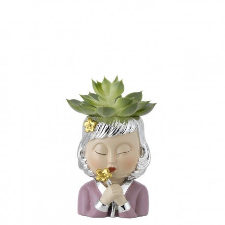 Portavaso viso di donna con fiore, bomboniera con piantina vera