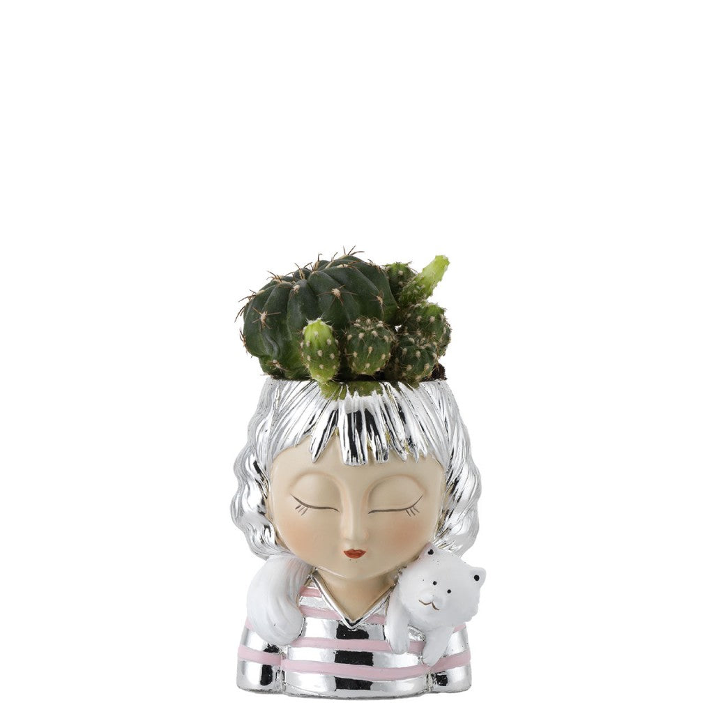 Portavaso viso di donna con gattino, bomboniera con piantina vera