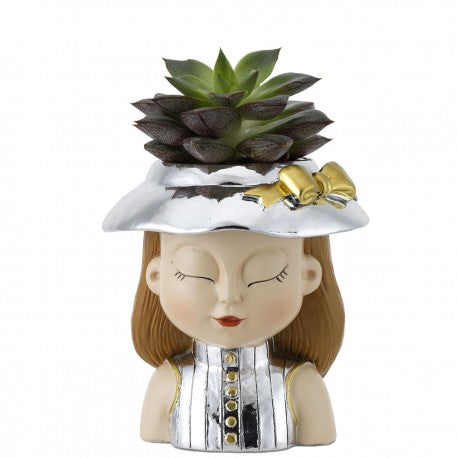 Portavaso viso di donna con cappello, bomboniera con piantina vera