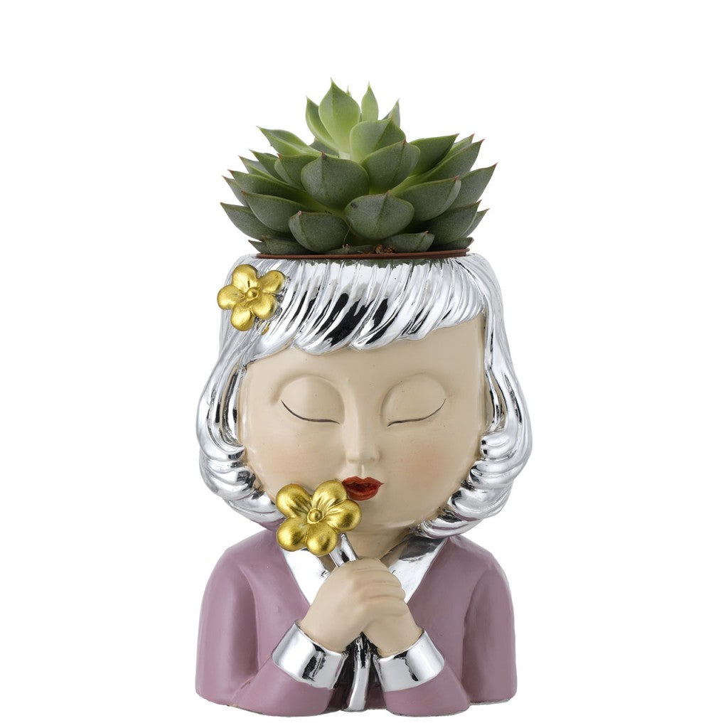 Portavaso viso di donna con fiore, bomboniera con piantina vera